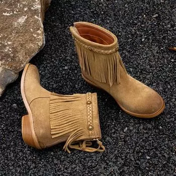 Женские ботильоны из натуральной кожи с круглым носком, на среднем каблуке, с кисточками и молнией, короткие ботинки в стиле вестерн, женская обувь с бахромой, осень-зима 6