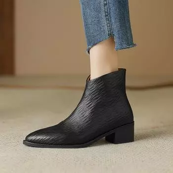 Женские ботильоны из натуральной кожи на толстом каблуке с острым носком, молнией сзади, осенние, высококачественные, мягкие, удобные, женские, короткие ботильоны 34 чёрный