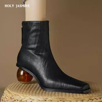 Женские ботильоны из натуральной кожи на толстом каблуке с квадратным носком, офисная женская обувь весна-осень, четыре сезона, женская обувь 2024 года, новые женские ботинки 34 чёрный