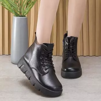 Женские ботильоны из натуральной кожи с круглым носком — на толстой подошве, со шнуровкой и молнией сбоку, на повседневной платформе, в осенне-зимнем стиле Martin. 41 темно-коричневого