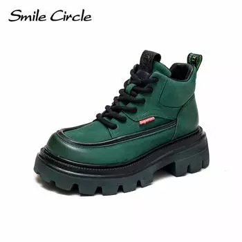 Женские ботильоны из натуральной кожи на массивном каблуке, высокие сапоги на толстой подошве, повседневные женские мотоциклетные ботинки на шнуровке 35 зелёный