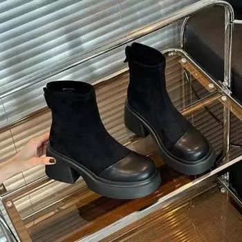 Женские ботильоны из замши и полиуретана, на платформе, с каблуком, молнией сзади, на толстом каблуке, женская обувь 2024 года, тренд зимы, для активного отдыха, для поездок на работу 35 чёрный