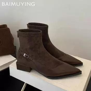 Женские ботильоны из замши, массивные, с острым носком, кожаные туфли, женские, трендовые, зимние, элегантные, сексуальные, модные, челси, Botas De Mujer 35