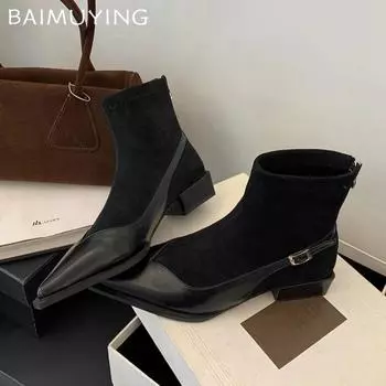 Женские ботильоны из замши, массивные, с острым носком, кожаные туфли, женская зимняя тенденция 2024 года, элегантные, сексуальные, модные, челси, Botas De Mujer 35 чёрный
