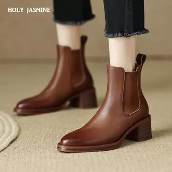 Женские ботильоны класса люкс из натуральной кожи на высоком каблуке с эластичной резинкой, черные короткие ботинки челси, элегантные женские ботильоны, дизайнерская обувь 34 чёрный