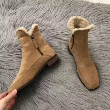 Женские ботильоны, мода 2024 года, новые зимние ботинки с боковой молнией, толстый каблук, квадратный носок, элегантные короткие ботинки, женские ботинки «Челси», зимние ботинки 35 абрикосовый