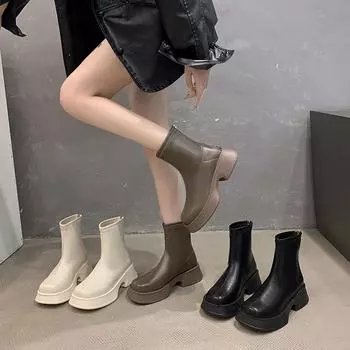 Женские ботильоны, модные молнии, женские элегантные короткие ботинки с толстой подошвой, 2024, осень-зима, женские ботинки, повседневные черные ботинки 35 бежевый