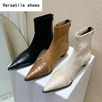 Женские ботильоны, модные, с острым носком, короткие, элегантные, на низком каблуке, весна-осень, удобная женская обувь 35