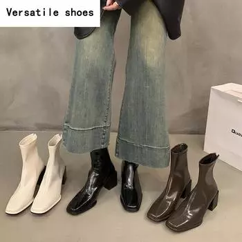 Женские ботильоны, модные туфли с квадратным носком и молнией сзади, винтажные туфли с квадратным каблуком, осень-зима, женские короткие ботильоны 35