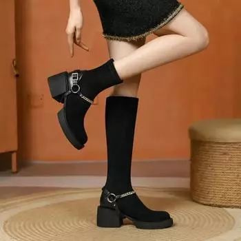 Женские ботильоны на квадратном каблуке, осенне-зимние, черные, с цепочкой, модные, длинные, до колена, женская обувь, женские сапоги без застежек 35
