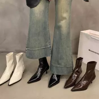 Женские ботильоны на низком каблуке с острым носком, короткие ботильоны на низком каблуке, высокие деловые модельные туфли с молнией сзади для женщин, повседневные ботинки без шнуровки 35 чёрный