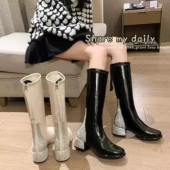 Женские ботильоны на низком каблуке с блестящими кристаллами, женские осенние короткие сапоги в стиле пэчворк с квадратным носком, женские туфли-лодочки с боковой молнией на толстом каблуке 2024 35