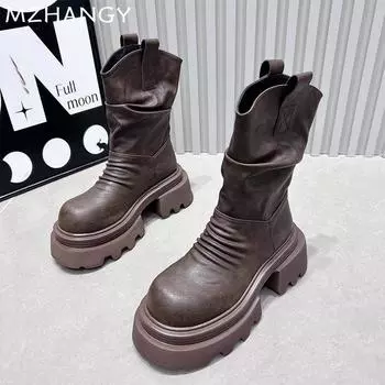 Женские ботильоны на платформе, кожаные туфли со складками на среднем каблуке, женские модные зимние ботинки 2024 года, новые готические зимние мотоциклетные ботинки Mujer 35 чёрный