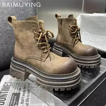 Женские ботильоны на платформе, массивные, на шнуровке, на среднем каблуке, модные туфли 2025 года, классические готические гладиаторы, зимние мотоциклетные ботинки Botas De Mujer 35 хаки