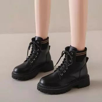 Женские ботильоны на платформе, модные, на шнуровке, из искусственной кожи, на толстой подошве, плюшевые зимние ботинки, женская зимняя нескользящая теплая хлопковая обувь 35