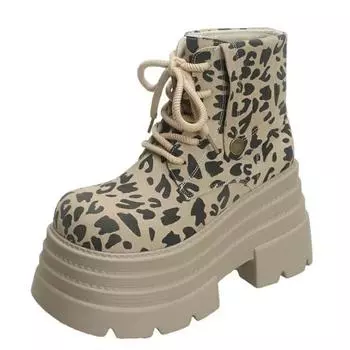 Женские ботильоны на платформе с леопардовым принтом 10 см, высокие каблуки, зимние замшевые теплые меховые зимние ботинки 2025 года, трендовые женские осенние ботинки на шнуровке 34 хаки