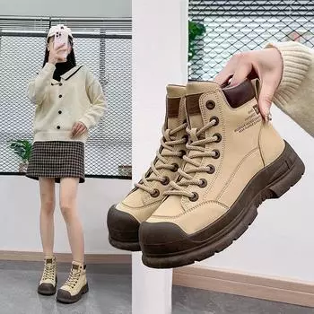 Женские ботильоны на платформе, женские повседневные ботинки на платформе из искусственной кожи в стиле ретро на шнуровке, женские осенние нескользящие ботинки на платформе 35 теплый желтый