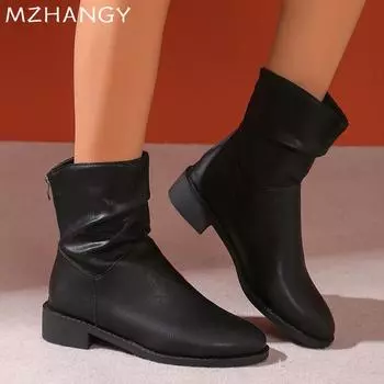 Женские ботильоны на плоской подошве, кожаные туфли, модные зимние короткие ботинки, зимние женские 2024 года, тренд, новые повседневные готические ботинки Челси, женские ботинки 36 чёрный