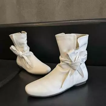 Женские ботильоны на плоской подошве, новые кожаные туфли с бантом, брендовые дизайнерские повседневные зимние ботинки, модные ботинки Chelsea Botas Mujer 35