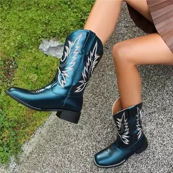 Женские ботильоны на плоской подошве с квадратным носком, ковбойские ботинки с вышивкой в стиле вестерн, ковбойские сапоги, женская модная обувь, зимняя красная обувь, 43 35 чёрный