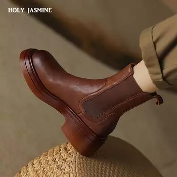 Женские ботильоны на простой платформе с эластичной резинкой из натуральной кожи с круглым носком для отдыха, повседневная обувь для отдыха на открытом воздухе для женщин, осень-зима 34 чёрный