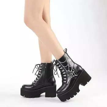 Женские ботильоны на шнуровке с вышивкой, женские короткие мотоциклетные ботинки на молнии с круглым носком и квадратным высоким каблуком в готическом стиле 35 чёрный