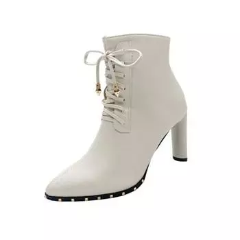 Женские ботильоны на шнуровке, средний каблук, модные кружевные с острым носком, новые осенне-зимние женские туфли, черные, белые, короткие ботильоны 35