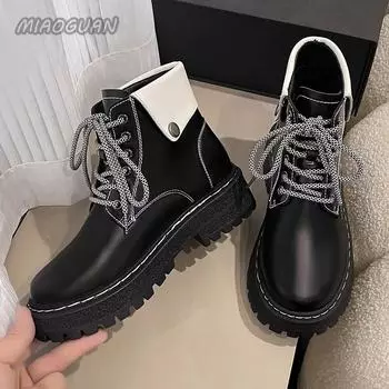Женские ботильоны на шнуровке, женские, осень 2024, новые модные короткие ботинки с толстой подошвой, британский стиль, цветные повседневные ботинки 35 чёрный