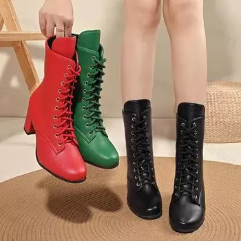 Женские ботильоны на среднем каблуке из искусственной кожи со шнуровкой, женские туфли с острым носком, женские короткие ботинки 2025 года, новые ботинки Femininas, большой размер 43 36 чёрный