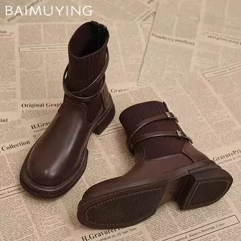 Женские ботильоны на среднем каблуке, вязаные, ретро-обувь, зимние классические, массивные, мотоциклетные ботинки, тренд, новый бренд, готические, Botas Mujer 35