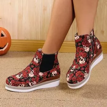 Женские ботильоны на танкетке 2024 года, новый модный дизайн с принтом черепа, трендовые ботинки Botas De Mujer с толстой подошвой для отдыха на открытом воздухе, прогулочная обувь 36
