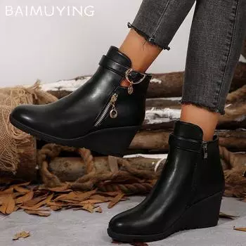 Женские ботильоны на танкетке из кожи, дизайнерские туфли на среднем каблуке с пряжкой, ретро-обувь, новый бренд 2025 года, зимняя классика, на молнии, Botas De Mujer 36 чёрный