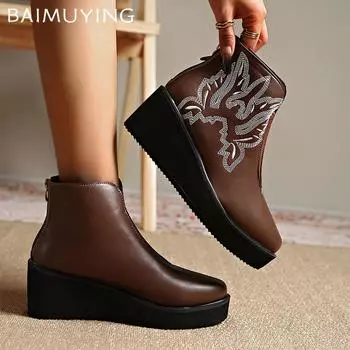 Женские ботильоны на танкетке с вышивкой Дизайнерские туфли в стиле ретро на среднем каблуке Трендовые зимние новые классические готические кожаные ботинки Botas De Mujer 36