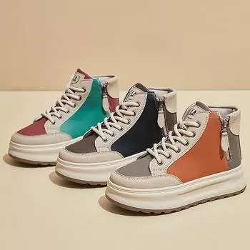 Женские ботильоны на толстой платформе, осенне-весенние, нескользящие, со шнуровкой, короткие спортивные ботинки, прогулочная обувь из искусственной кожи, удобные высокие кроссовки для женщин 35 чёрный