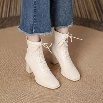 Женские ботильоны на толстой платформе с квадратным каблуком, шнуровкой, квадратным носком, женские нескользящие удобные короткие ботинки на весну и осень 34 чёрный