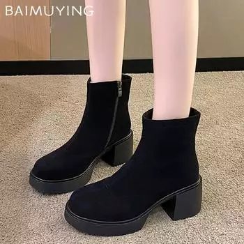 Женские ботильоны на толстой платформе, замшевые туфли на высоком каблуке в стиле ретро, зимние дизайнерские тенденции 2025 года, новые мотоциклетные ботинки в готическом стиле Botas Mujer 35 чёрный