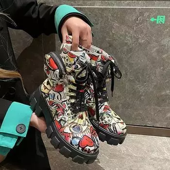 Женские ботильоны на толстой подошве, модная женская обувь с принтом, высококачественные нескользящие мотоциклетные ботинки, новые женские ботинки в готическом стиле 35 красный