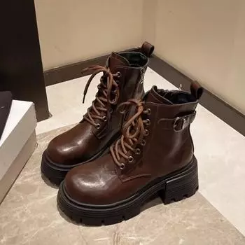 Женские ботильоны на толстой подошве, мотоциклетные ботинки, зимняя мода для девочек, шнуровка, толстый каблук, ремень, пряжка, сохраняющая тепло, обувь на платформе 35 чёрный