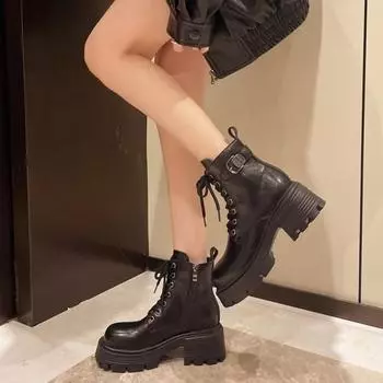 Женские ботильоны на толстой подошве, мотоциклетные ботинки, зимняя мода для девочек, шнуровка, толстый каблук, ремень, пряжка, сохраняющая тепло, обувь на платформе 35 чёрный