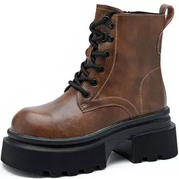 Женские ботильоны на толстом каблуке, черные, на шнуровке, массивные, новые зимние кожаные ботинки, женская обувь в стиле панк на платформе, каблук 7 см 34 коричневый