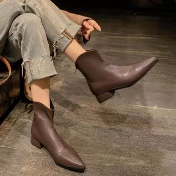 Женские ботильоны на толстом каблуке с острым носком, элегантные туфли из искусственной кожи, женские, с молнией сзади, для офиса, осень-зима, новые короткие ботильоны 6