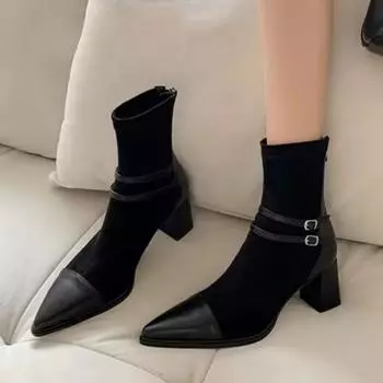 Женские ботильоны на высоком каблуке «Челси», сексуальные туфли с острым носком, зимний тренд 2025 года, элегантные офисные туфли для ходьбы на толстом каблуке Botas Mujer 35 чёрный