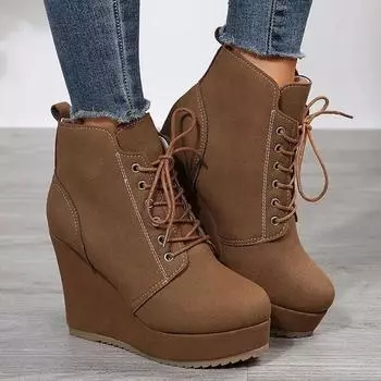 Женские ботильоны на высоком каблуке и платформе, осенне-зимние новые короткие ботинки на танкетке со шнуровкой, женская теплая плюшевая женская обувь в римском стиле 36 чёрный