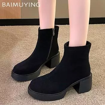 Женские ботильоны на высоком каблуке из массивной замши, зимние зимние ботинки, новые трендовые женские элегантные туфли-лодочки в готическом стиле, челси, Botas Mujer 35