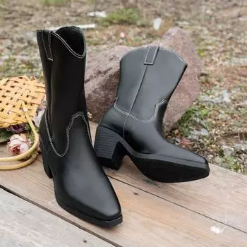 Женские ботильоны на высоком каблуке, модные туфли с острым носком и массивной подошвой, зимние туфли-лодочки, челси 2024 года, трендовые готические туфли для вечеринок, Botas Mujer 36 чёрный