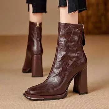 Женские ботильоны на высоком каблуке, модные кожаные туфли с квадратным носком, зимняя трендовая обувь для офиса 2025 года, элегантные массивные ботинки для женщин 34 чёрный