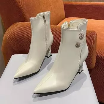 Женские ботильоны на высоком каблуке, новые осенне-зимние ретро-ботильоны с острым носком и толстым каблуком, короткие ботильоны, модная дизайнерская обувь со стразами 34 чёрный