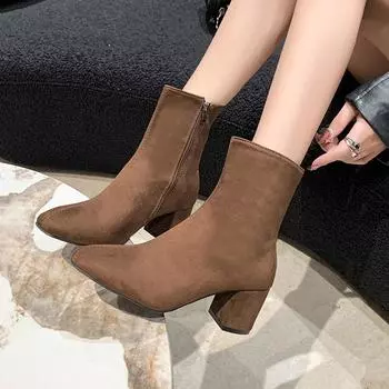 Женские ботильоны на высоком каблуке, осенне-зимние, замшевые туфли-лодочки на толстом каблуке, женские, с боковой молнией, зимние, челси, Botas Mujer 35