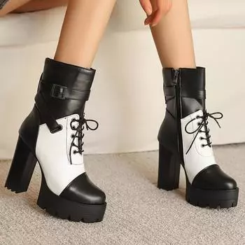 Женские ботильоны на высоком каблуке, осенне-зимние, новые цветовые сочетания, водонепроницаемые, на платформе, с толстым каблуком, большие размеры, римские ботильоны 34 чёрный