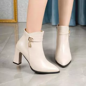 Женские ботильоны на высоком каблуке с острым носком 2026 Осень и Зима Повседневный тренд Короткие ботильоны Роскошные для вечеринки Застежка-молния Женские ботильоны 35